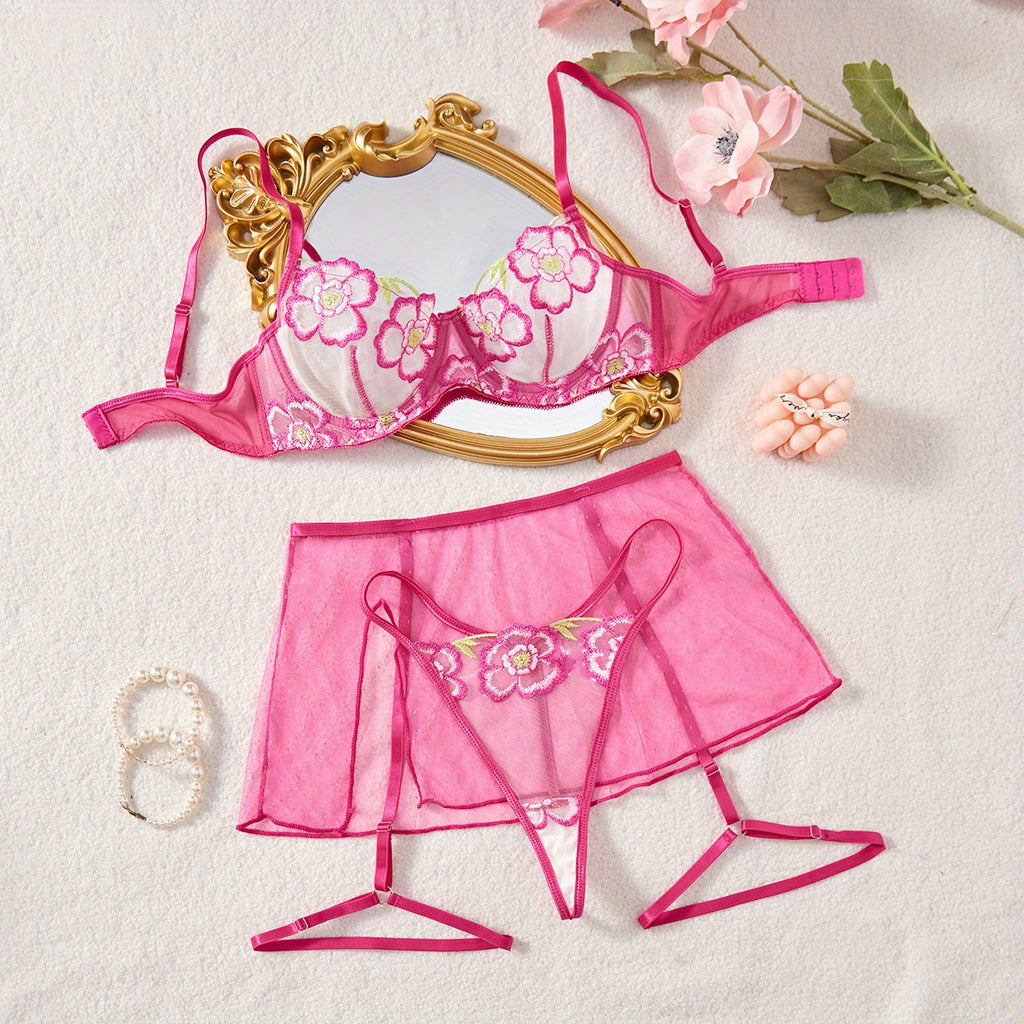 European Style Mesh Lingerie Set Delicate Floral Dress with Thong, Elegant & Sensual Nightwear for Women